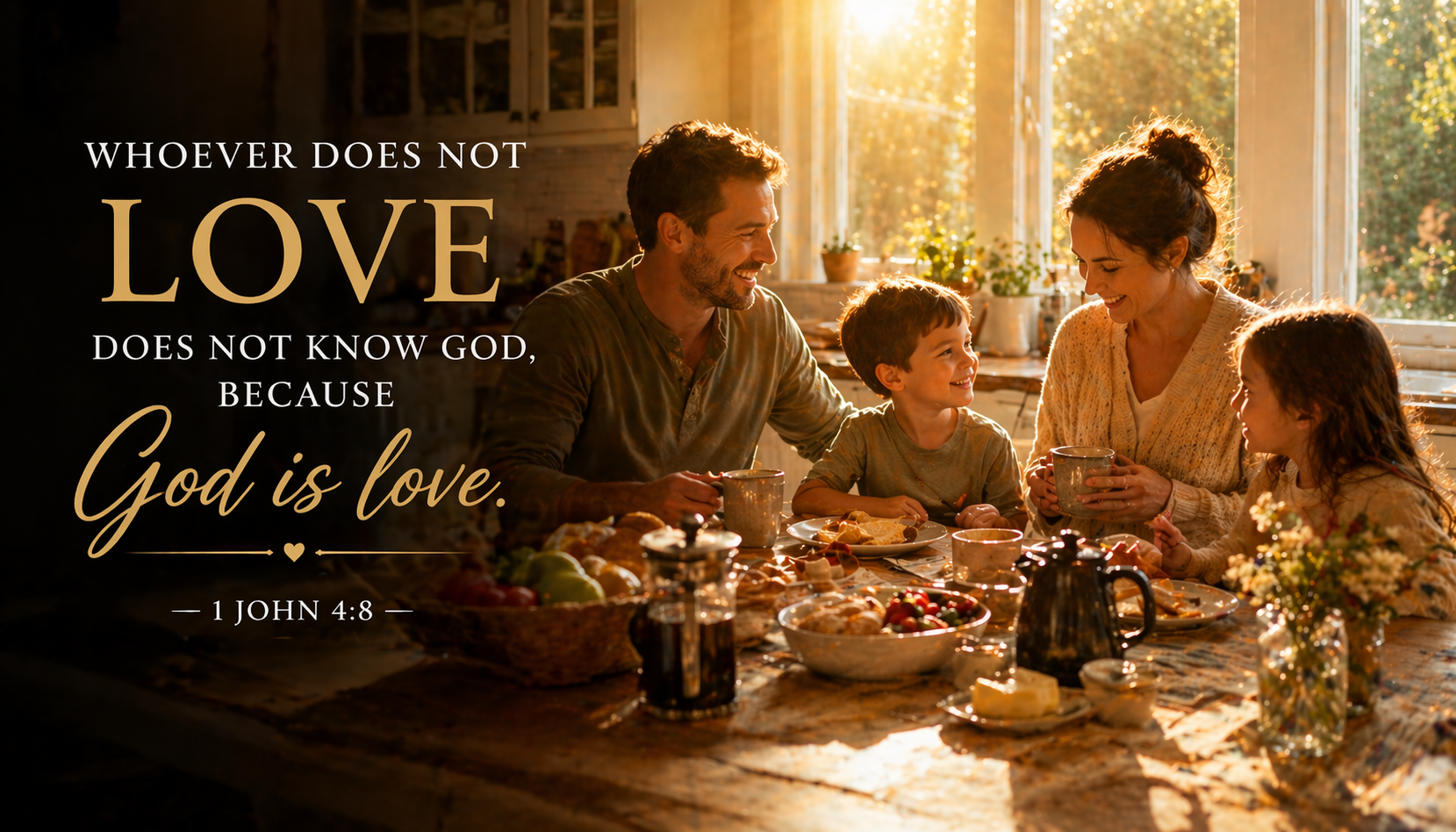 1 John 4:8 Bible verse wallpaper - Whoever does not love does not know God because God is love - family at breakfast table in warm morning sunlight